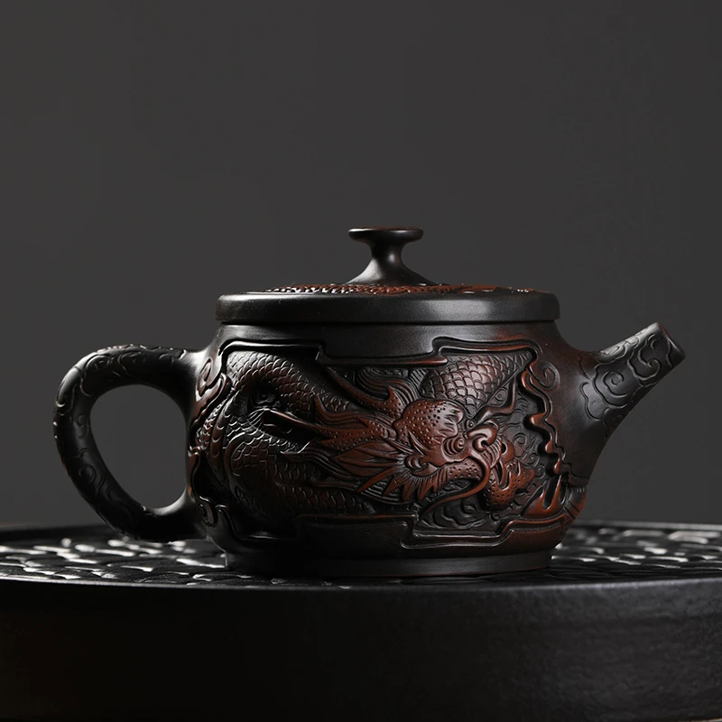 纯手工复古紫陶大容量雕刻龙纹茶壶家用陶瓷龙蛋壶