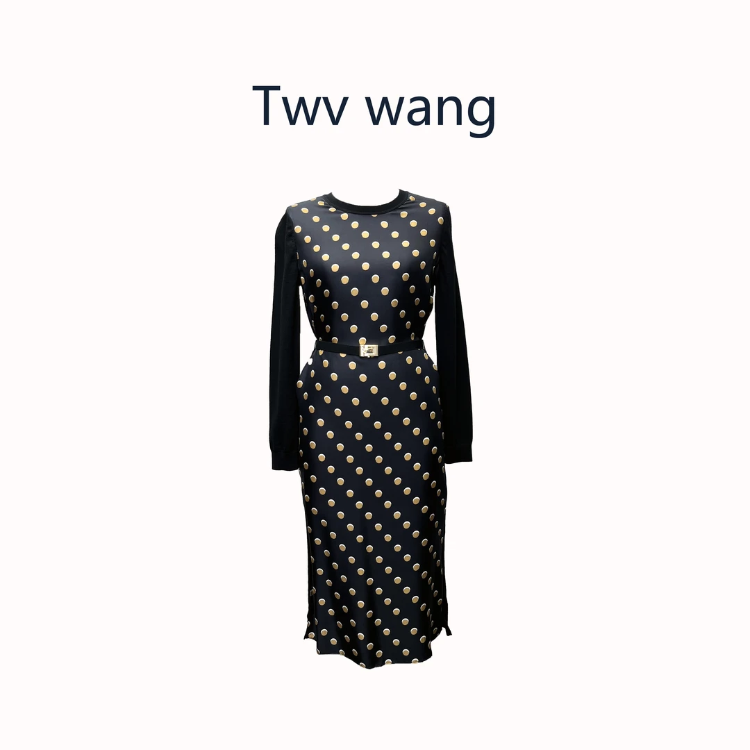 Twv wang轻奢桑蚕丝拼接羊毛圆领波点长袖腰带针织连衣裙春秋新款