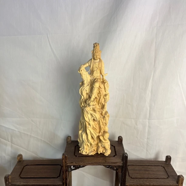 小叶黄杨木雕非遗工艺品莲花送子观音居家装饰品摆件客厅玄关摆件