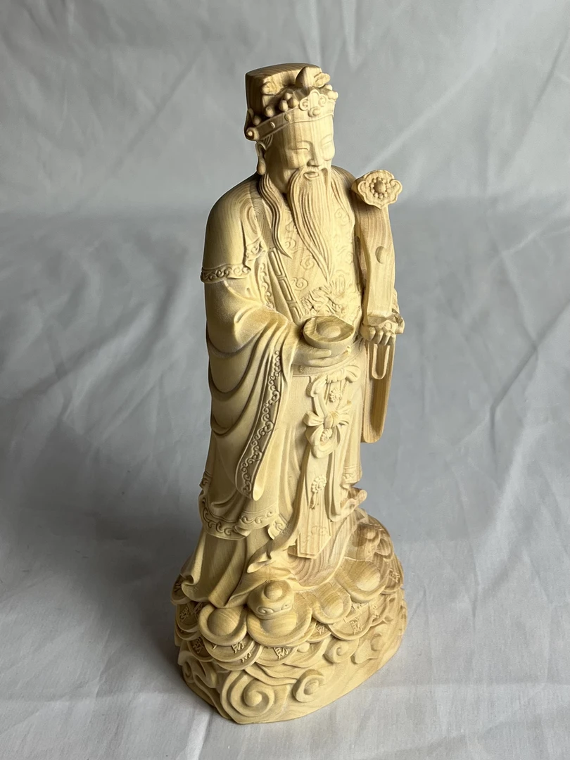 小叶黄杨木雕非遗工艺品如意财神爷家居装饰客厅玄关摆件