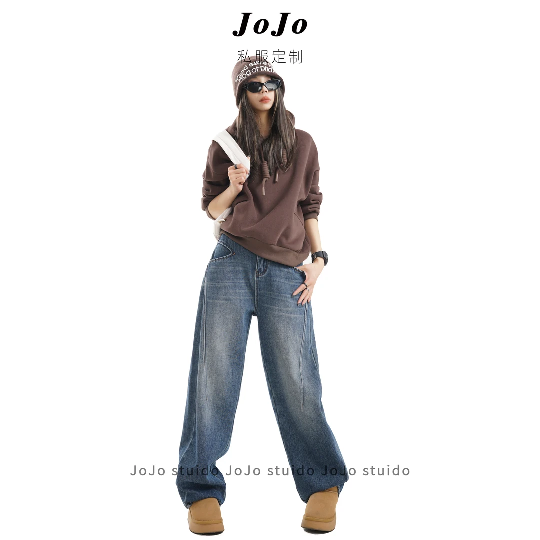 JOJO【猫眼裤】加绒牛仔裤冬季宽松休闲美式阔腿直筒堆堆裤牛仔裤