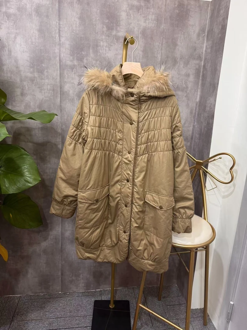 冬季女士显瘦宽松中长款百搭连帽棉服有毛领j0906