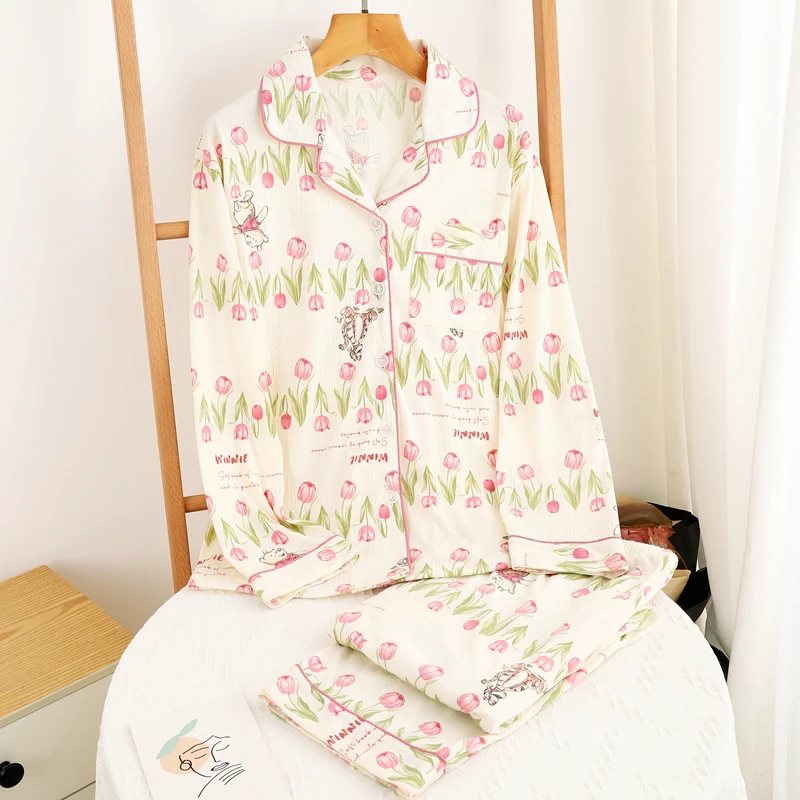 【纯棉】双层婴儿软棉纱女士睡衣长袖长裤翻领家居服外穿套装