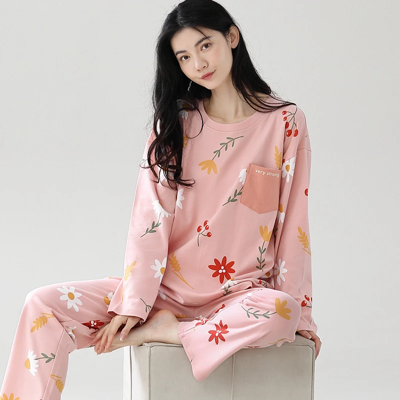 睡衣女春秋纯棉圆领套头长袖长裤中青年花卉家居服两件套宽松舒适