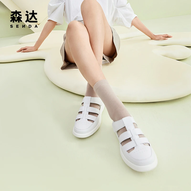 Senda/森达复古罗马鞋女款夏商场同款可可鞋包头猪笼鞋4AJ33BL3
