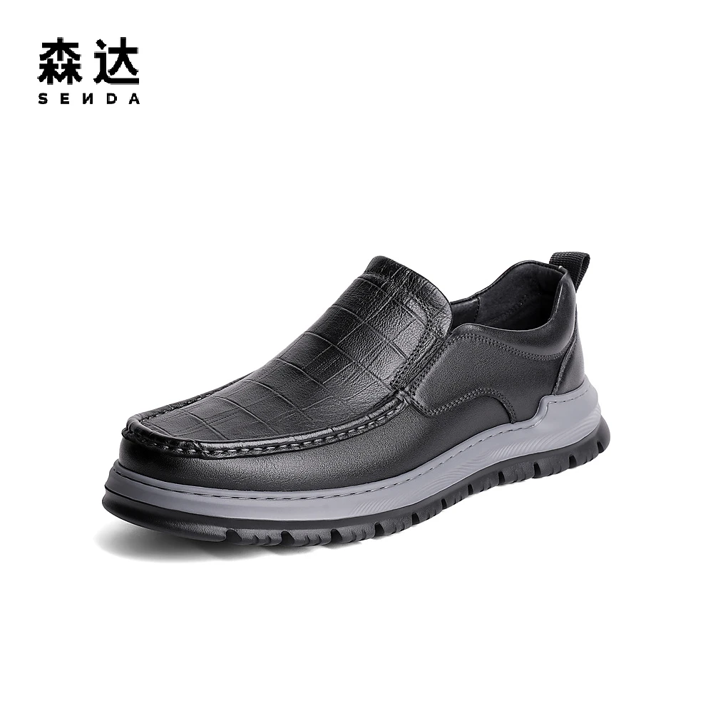 森达时尚休闲皮鞋男秋季新款商场同款压纹平底休闲鞋1IW02CM3