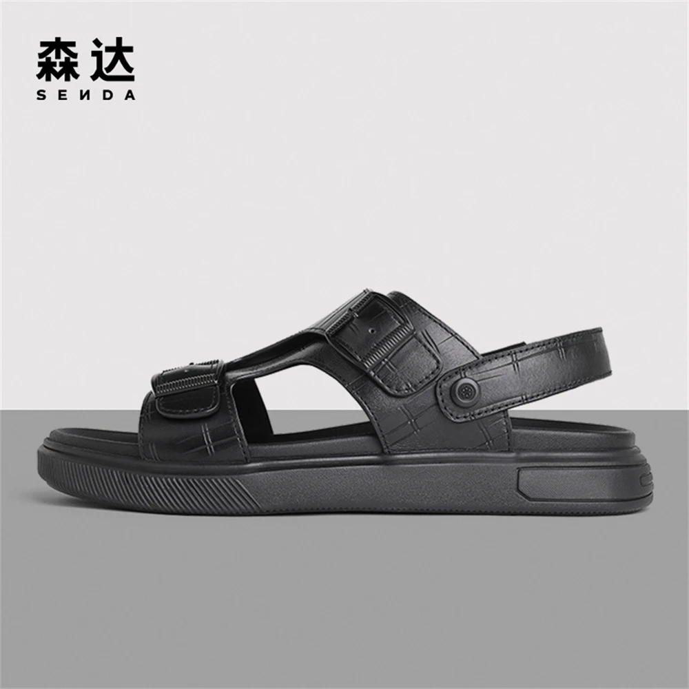 森达简约皮凉鞋男夏季新款舒适外穿平底休闲软底拖鞋ZY307BL3