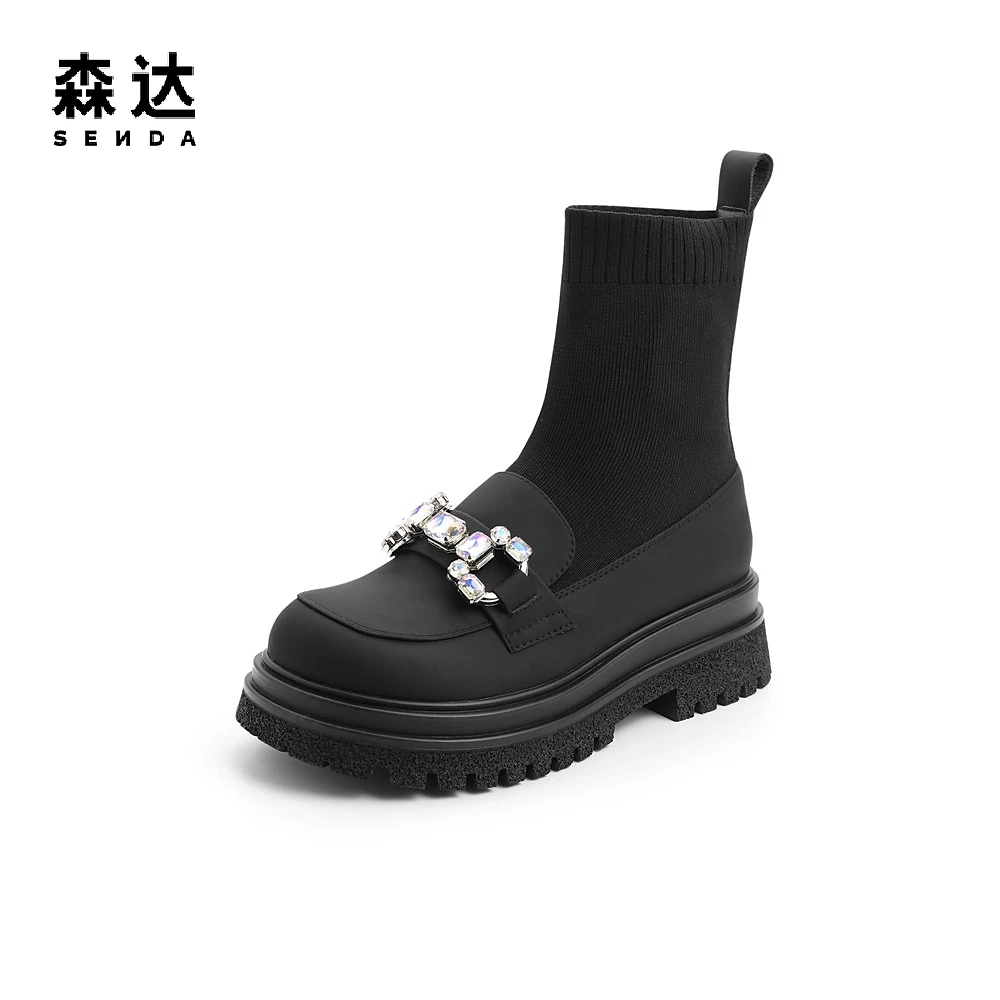 森达时尚袜靴女冬季新气质水钻舒适休闲弹力靴百搭短靴CKZ05DD2