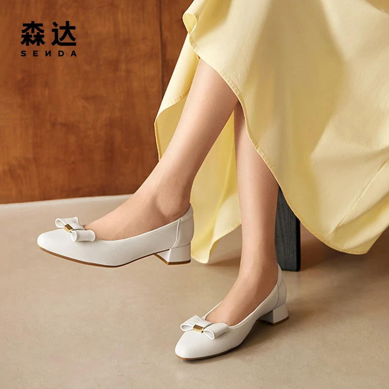 Senda/森达奶奶鞋女秋新商场同款单鞋女士尖头粗跟蝴蝶结SPZ01CQ3