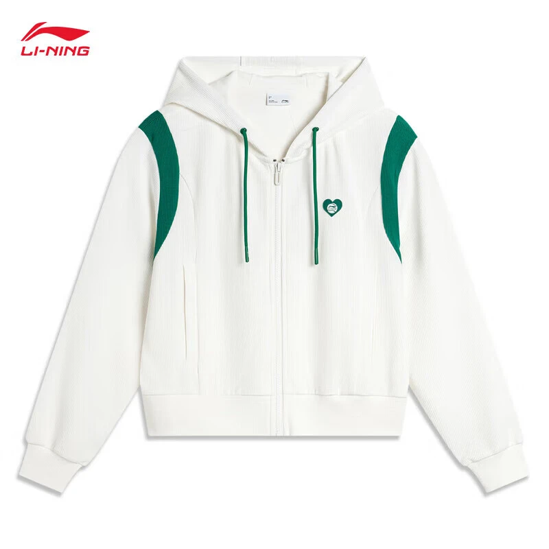 李宁卫衣女新款学院风撞色桃心章牌开衫连帽短款运动外套AWDU602
