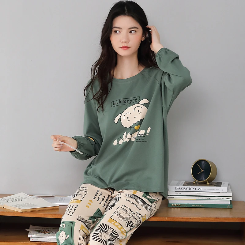 新款韩版女士套头100%双面纯棉睡衣家居服长袖长裤可外穿 8388