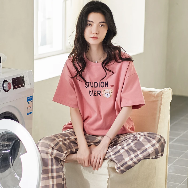 夏季女士新款短袖长裤100%纯棉套头睡衣家居服可外穿睡衣    1388