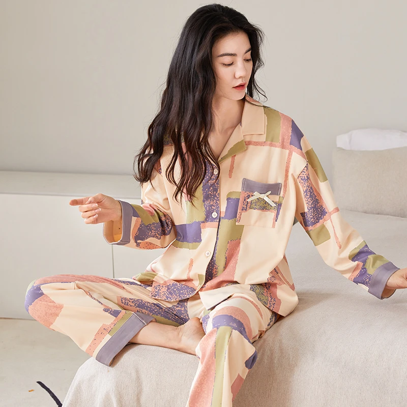 新款韩版女士翻领100%双面纯棉睡衣家居服长袖长裤可外穿 7238