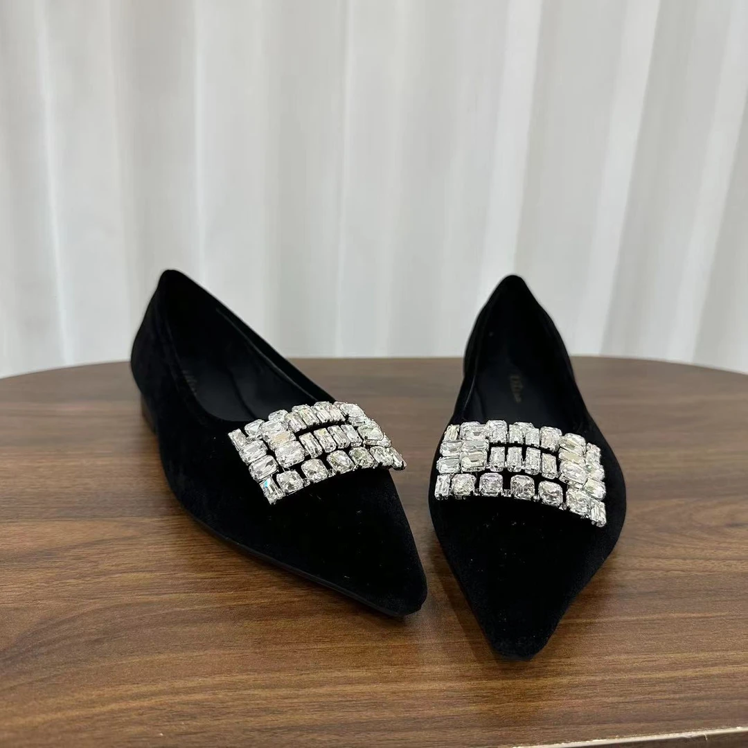 KAKA NUOYA  1295  气质尖头方钻丝绒浅口鞋