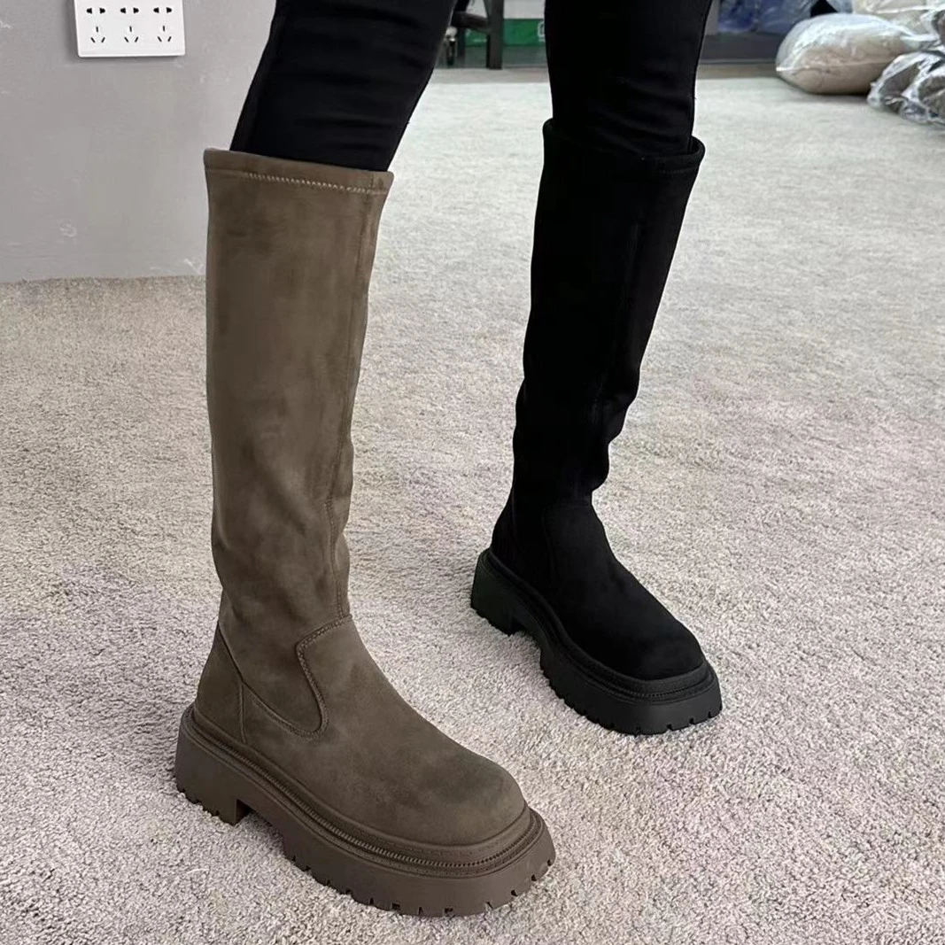 KAKA NUOYA  1457  时尚厚底英伦风长筒加绒弹力靴卡卡