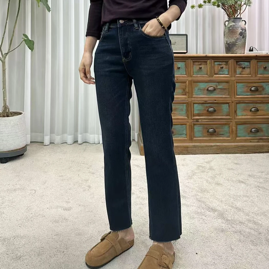 HALUNGLE/海伦格丽  KZ673  时尚高腰水洗做旧显瘦加绒烟管裤