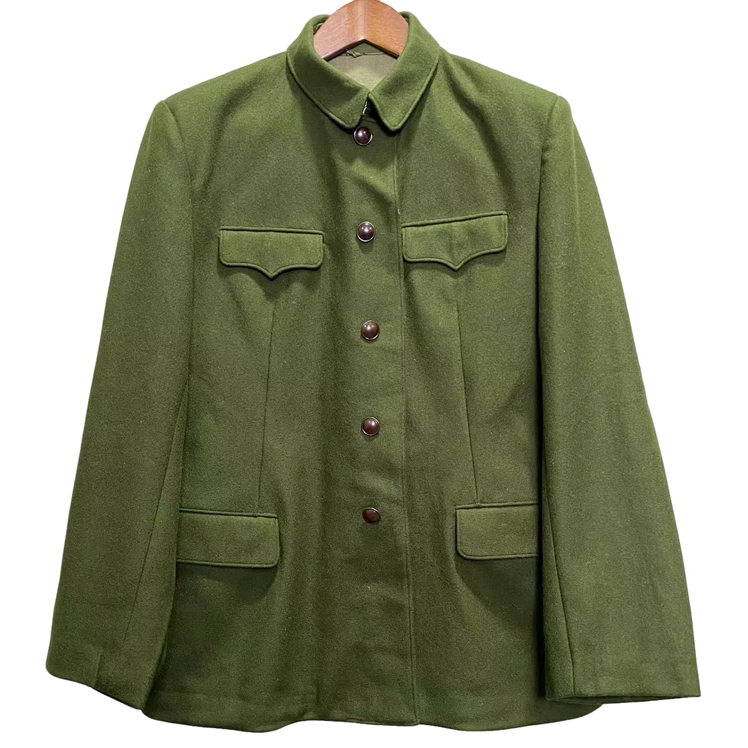 老65胶木扣呢子套装 细毛呢正装 中老年经典秋冬军绿色老年人