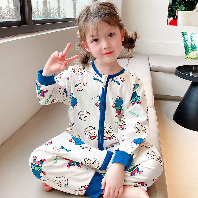 春秋季儿童纯棉睡袋婴幼儿全棉无骨连体睡衣宝宝长袖分腿防踢爬服
