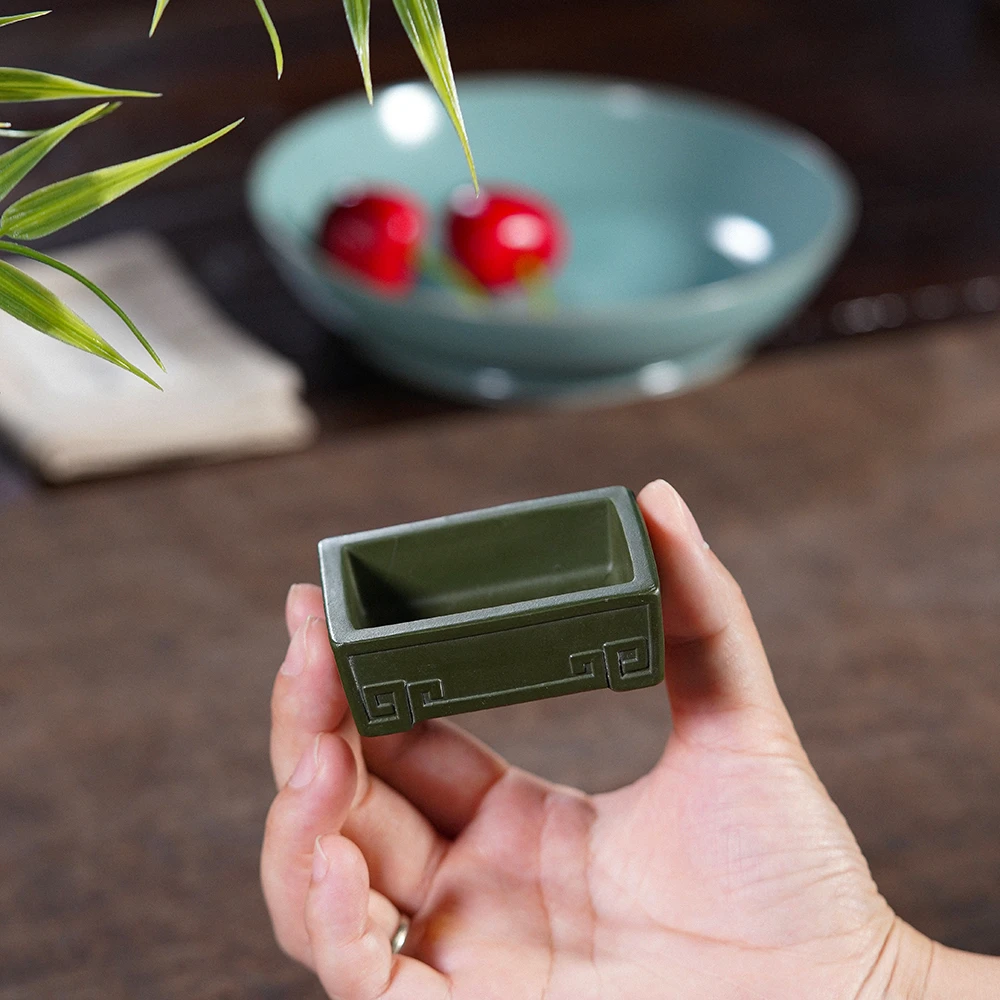 紫砂花盆微型盆掌上盆景盆长方形墨绿泥特小盆手工盆如意祥云