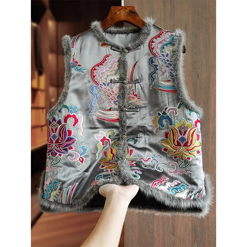 民族风醋酸新中式马甲棉服女秋冬款加厚重工国风刺绣背心夹棉外套