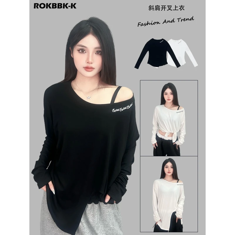 ROKBBK－K/布韩街舞潮牌斜肩开叉爵士jazz运动服饰女跳舞休闲上衣