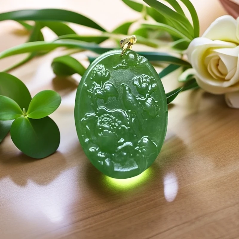 【迈越珠宝】天然和田玉碧玉吊坠冰阳绿色喜上眉梢吊坠精美精雕女款