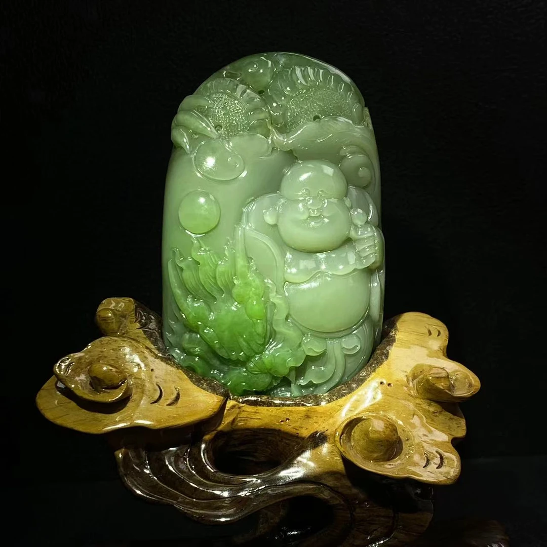 【迈越珠宝】天然和田玉碧玉弥勒佛俏色巧雕手把件佛公雕刻双面摆件