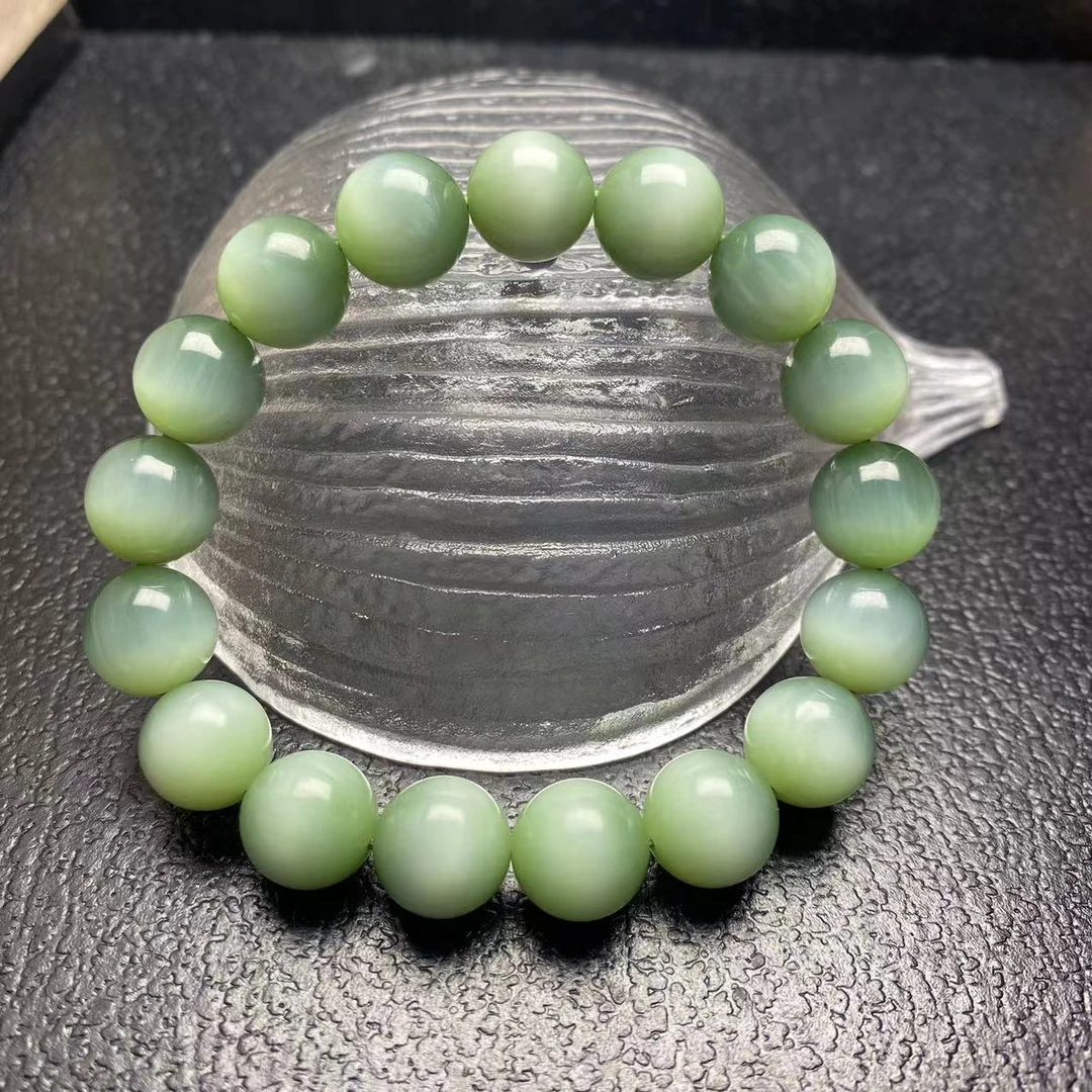 【迈越珠宝】和田玉碧玉粉青一线天猫眼约12mm玉手串手串手链收藏级