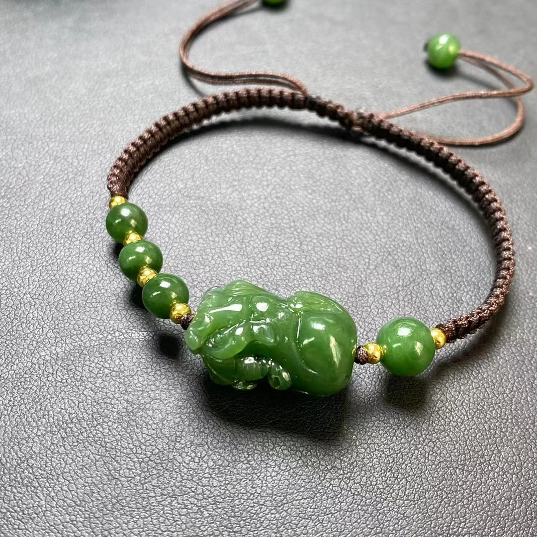 【迈越珠宝】晶大佬和田玉碧玉菠菜绿貔貅手绳设计款单圈男女款绿色