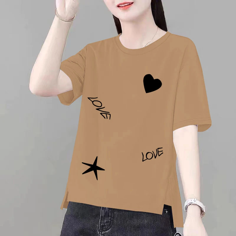 纯棉短袖T恤女夏季新款休闲时尚字母印花夏装开叉洋气上衣体恤衫