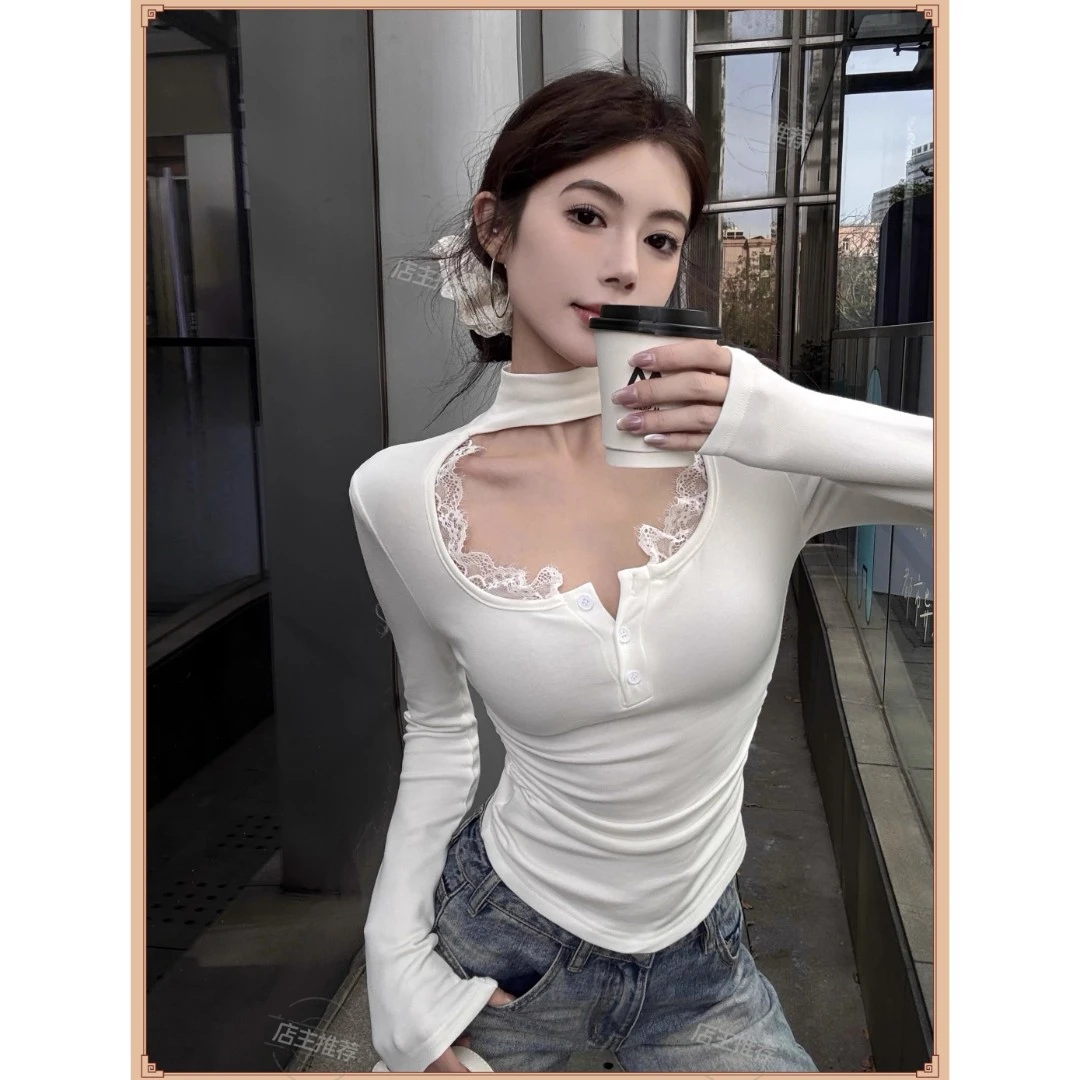 纯欲辣妹性感假两件低胸蕾丝挂脖上衣女秋冬半高领加绒打底衫内搭