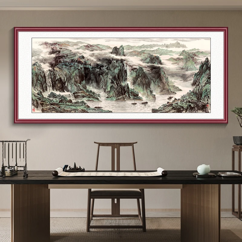 【青山绿水】国画山水画办公室挂画新中式沙发客厅装饰画喷绘壁画