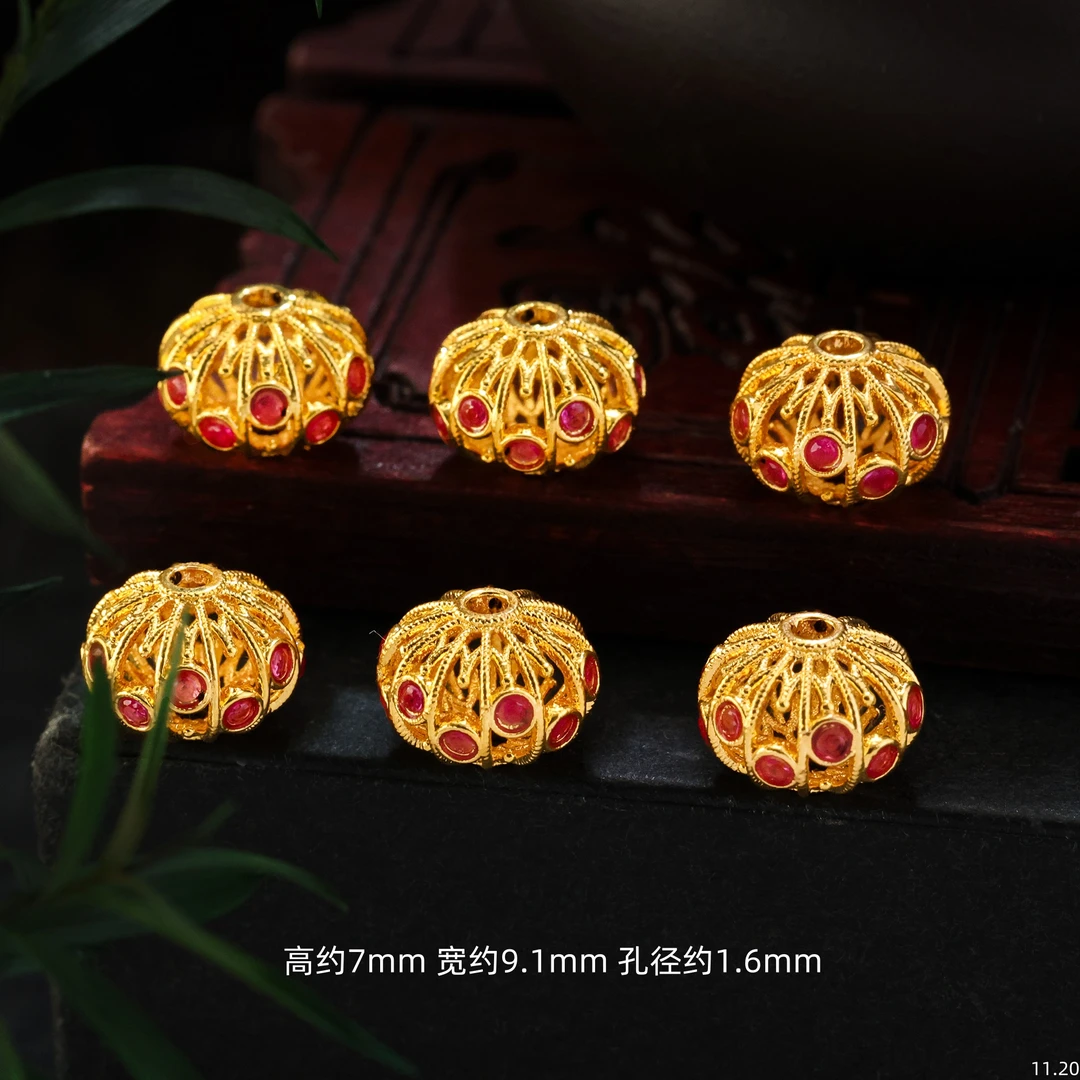 【金豆工厂】18K金镶红色花丝灯笼隔珠算盘珠扁珠（厚5D金）H