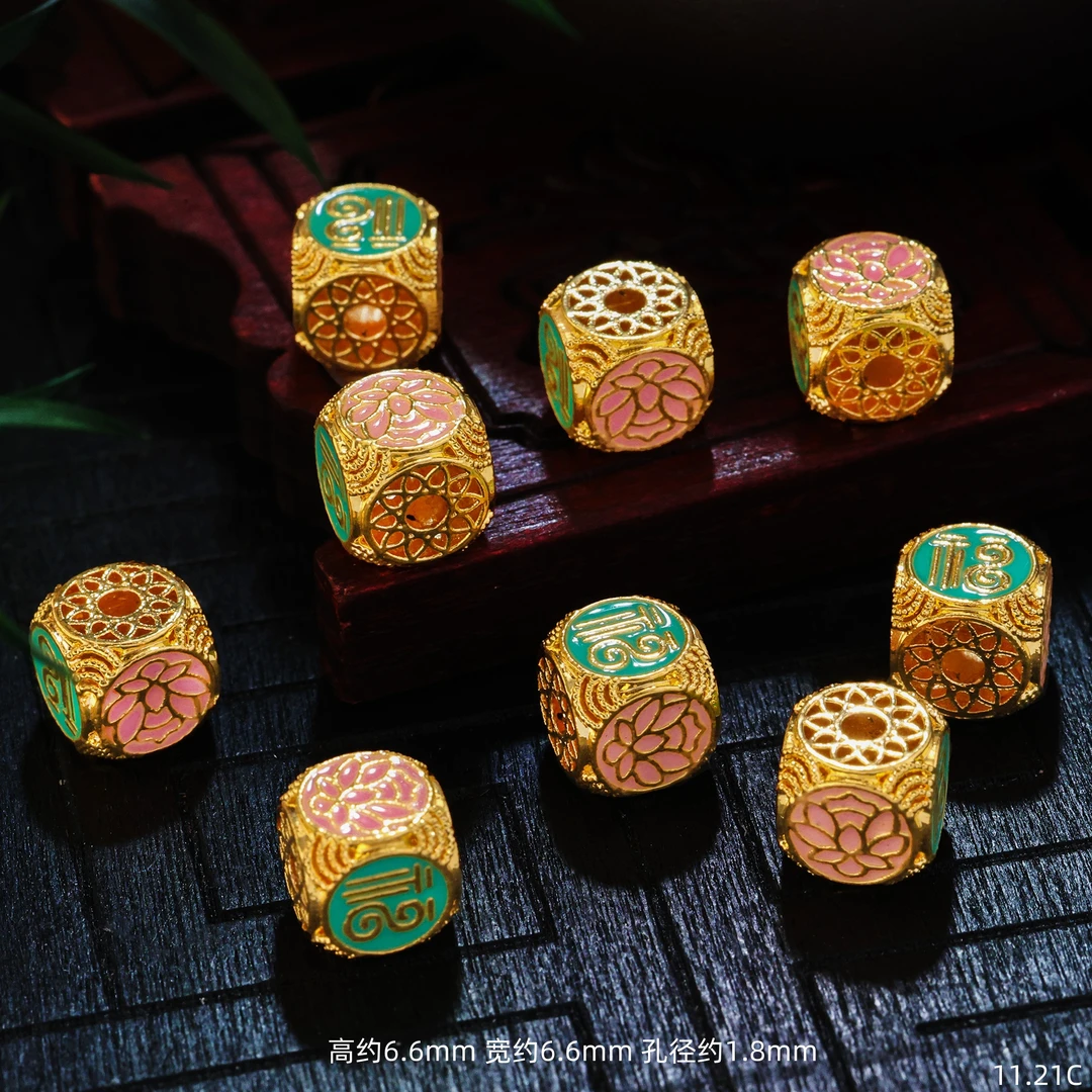 【金豆工厂】18K金烧蓝福字莲花方糖隔珠方珠手串配件（厚5D金）C