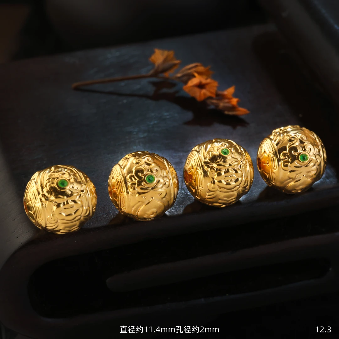 【金豆工厂】约12mm黄财神圆珠桶珠顶珠转运珠手串配件（厚5D金）D