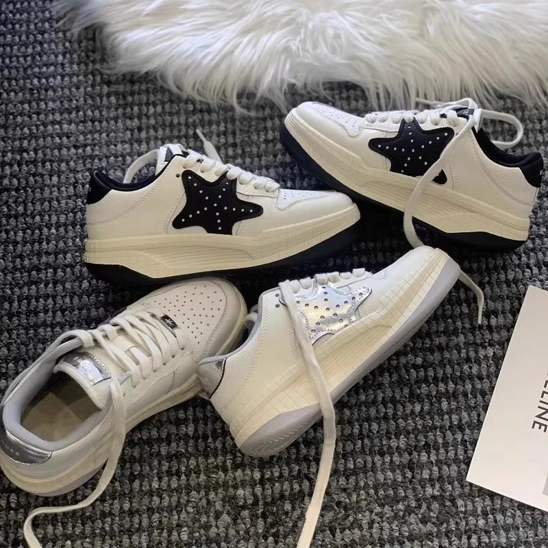 秋冬季回力休闲真软皮小白鞋2023秋季新款圆头厚底拼色星星舒适运