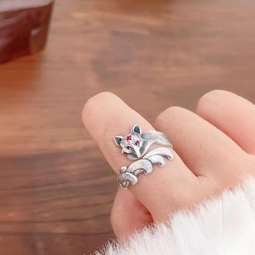 足银戒指 足银999.9九尾灵狐复古珐琅彩小可爱灵狐戒指