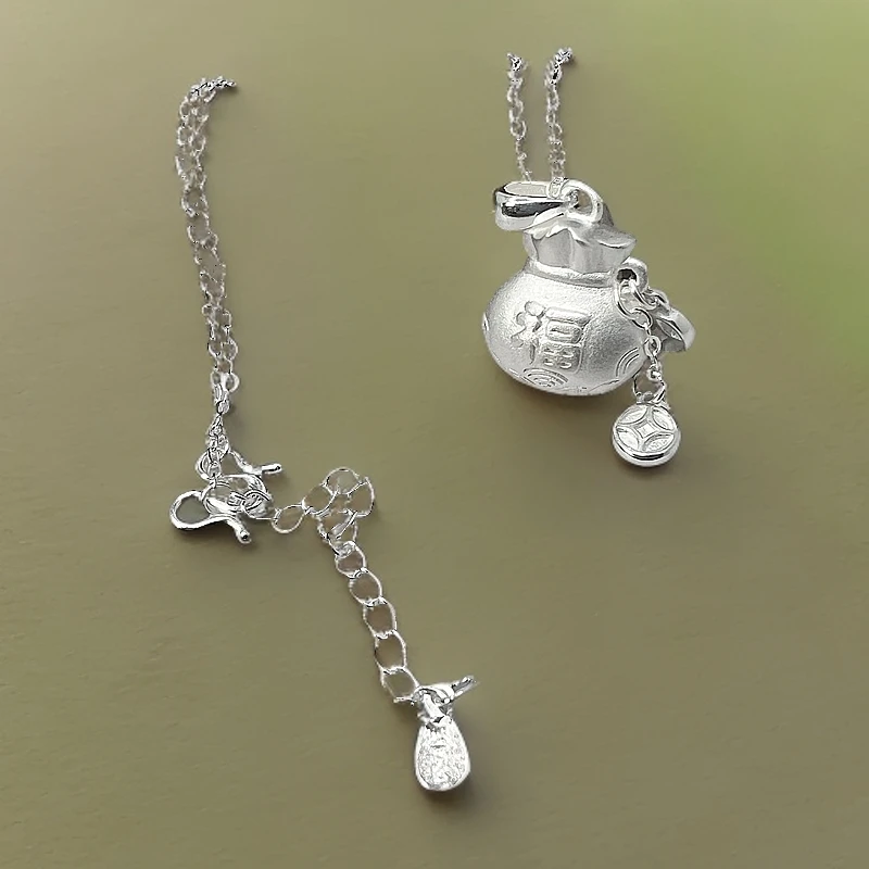 坠链均足银 足银990古法福袋吊金钱时尚百搭锁骨链手工复古长款