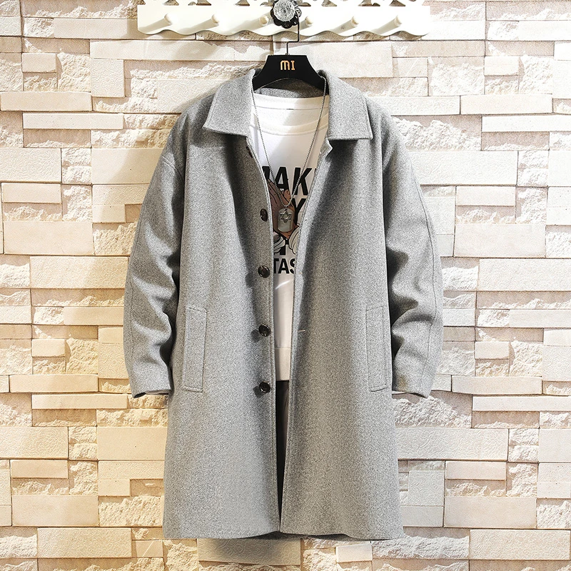 曼库帕娅男士中长款呢子风衣外套秋冬高级感纯色翻领过膝毛呢大衣