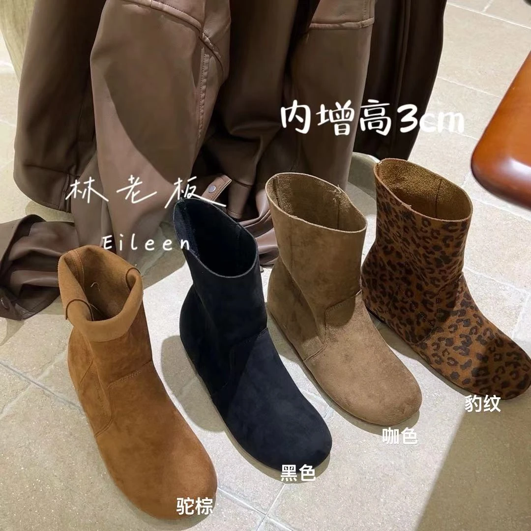 2024东大门同款隐形内增高绒面勃肯靴简约复古休闲短靴单靴