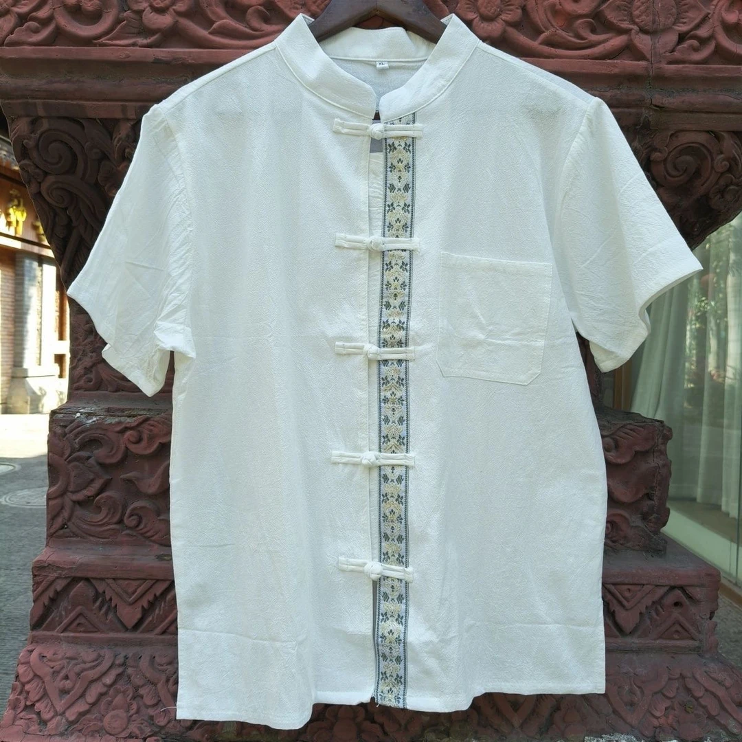 西双版纳傣族网红款大码棉麻短袖T恤2023夏季宽松男士上衣