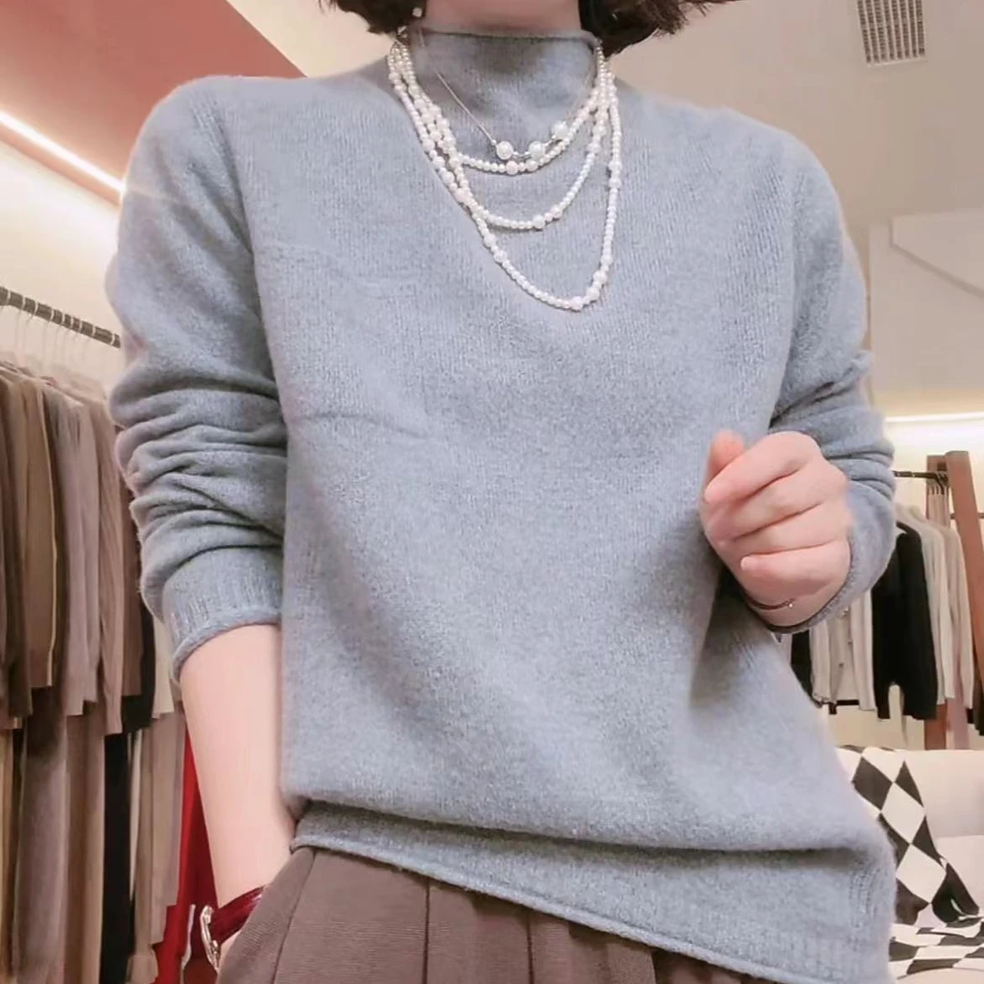 长袖中领坑条针织羊毛套头衫#L-6