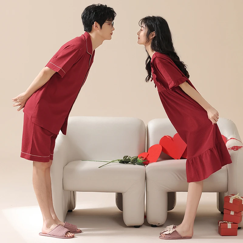 买一送一情侣结婚大红色睡衣夏季纯棉短袖睡裙华夫格家居服套装