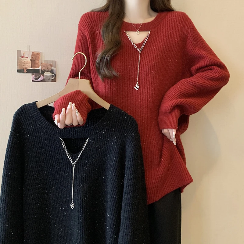 2024冬装新款胖mm大码女小心机时尚设计感慵懒风针织衫毛衣上衣潮