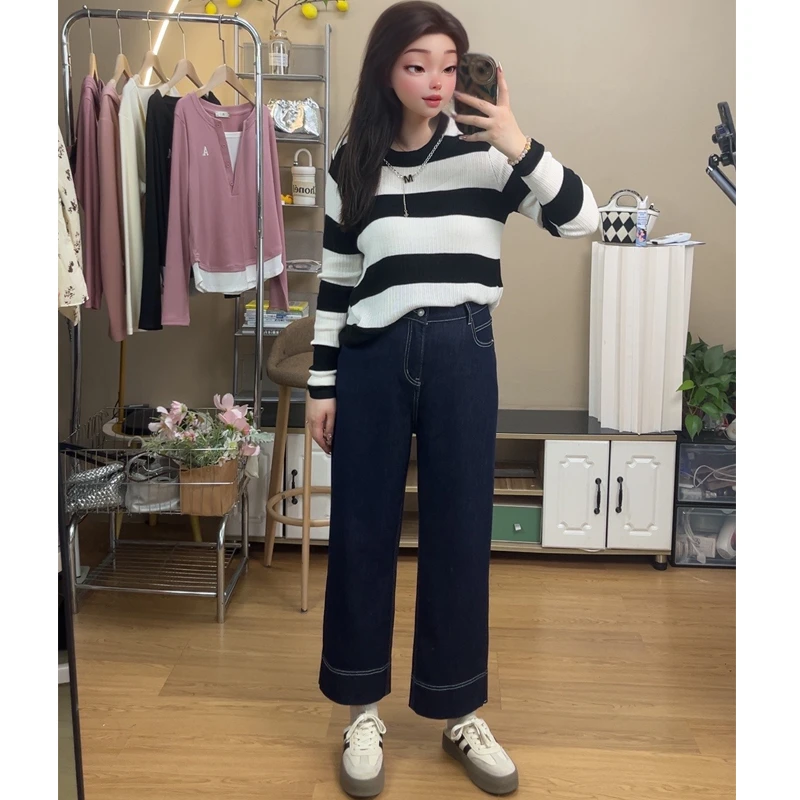 18822直筒裤2025春季新款大码高腰显瘦小个子百搭阔腿牛仔九分裤