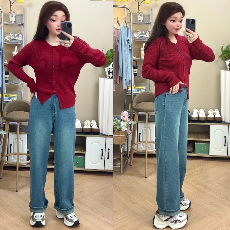 18825梨形身材复古蓝牛仔裤女秋季新款高腰显瘦减龄磨边直筒长裤