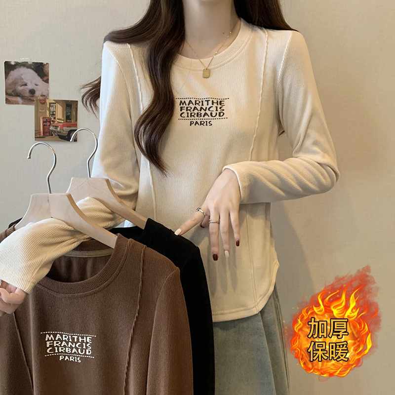 美拉德正肩T恤女冬季加厚保暖大码胖mm显瘦不规则鱼骨打底衫上衣