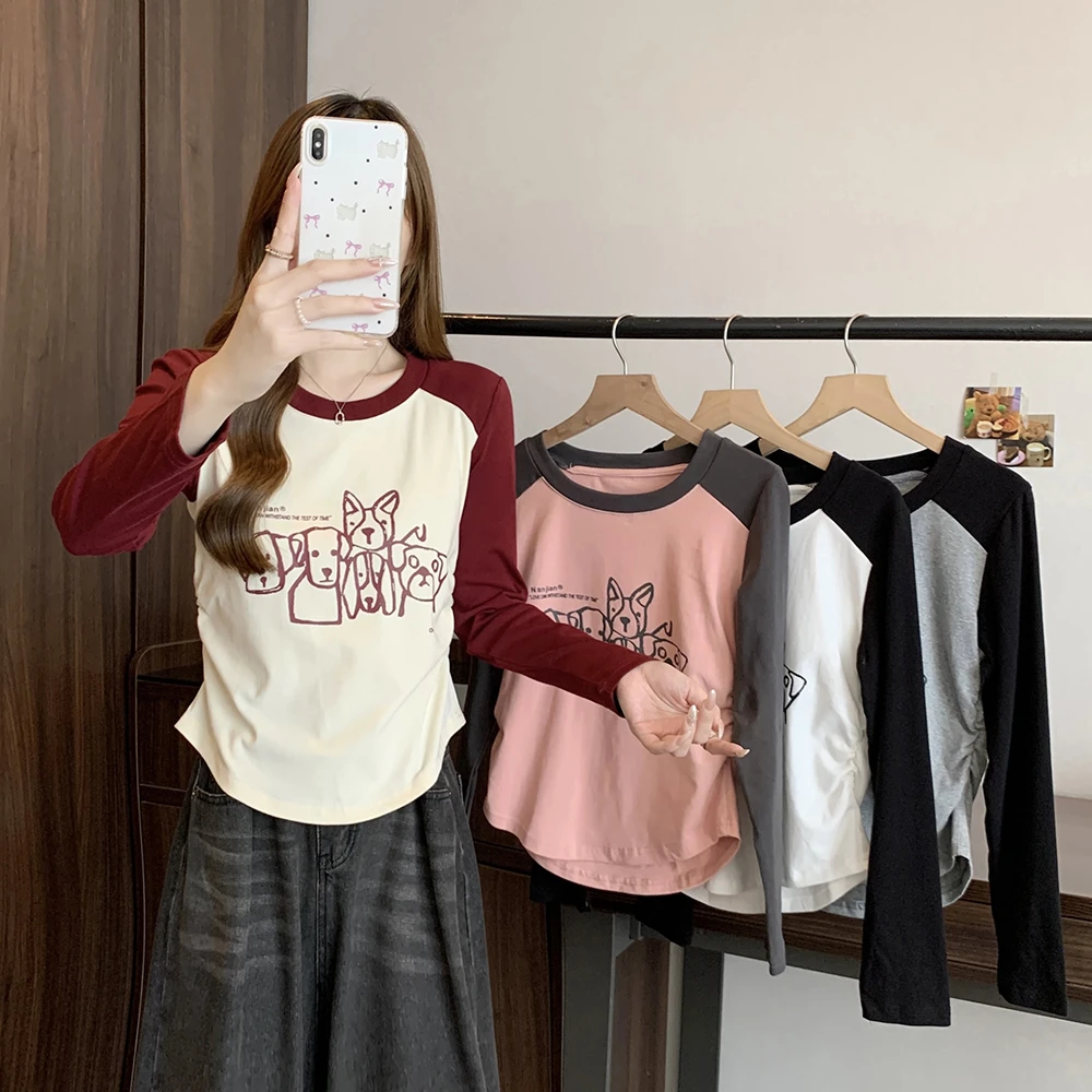 2024秋季大码女装新款时尚收腰圆领百搭拼色小狗印花长袖打底T恤