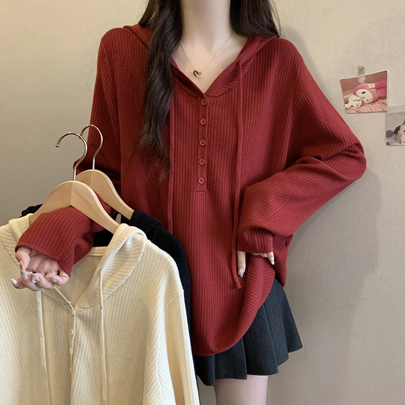 慵懒风红色连帽针织毛衣女秋冬大码2024胖mm百搭宽松显瘦打底上衣