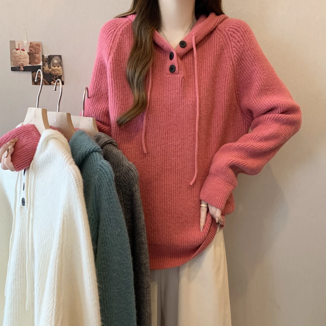 韩系时尚减龄连帽三粒扣毛衣女2024秋冬新款休闲百搭长袖针织衫潮